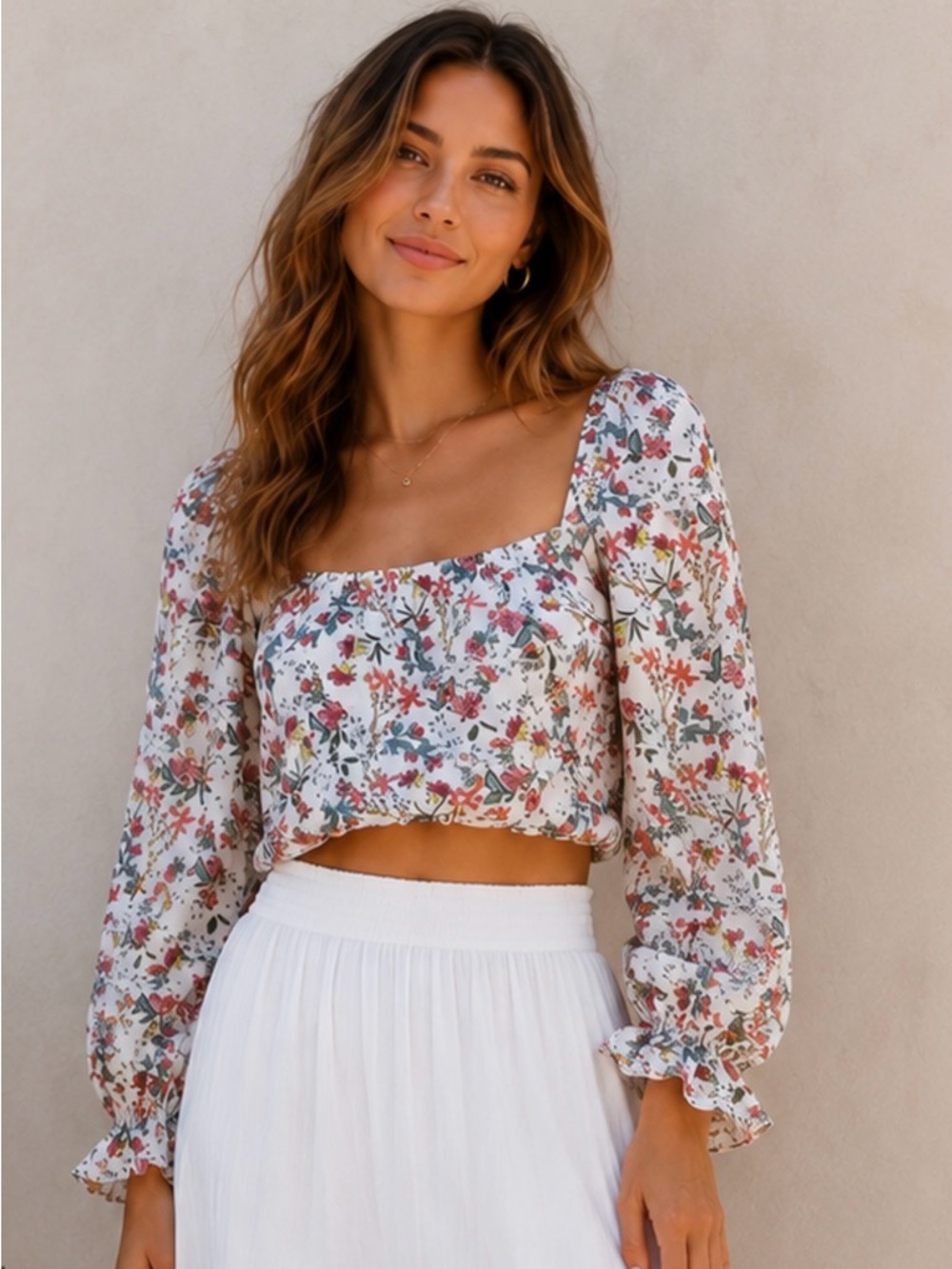 Alice + Olivia Floral Silk Blend Cropped Square Neck Balloon Sleeve Boho Top, S
